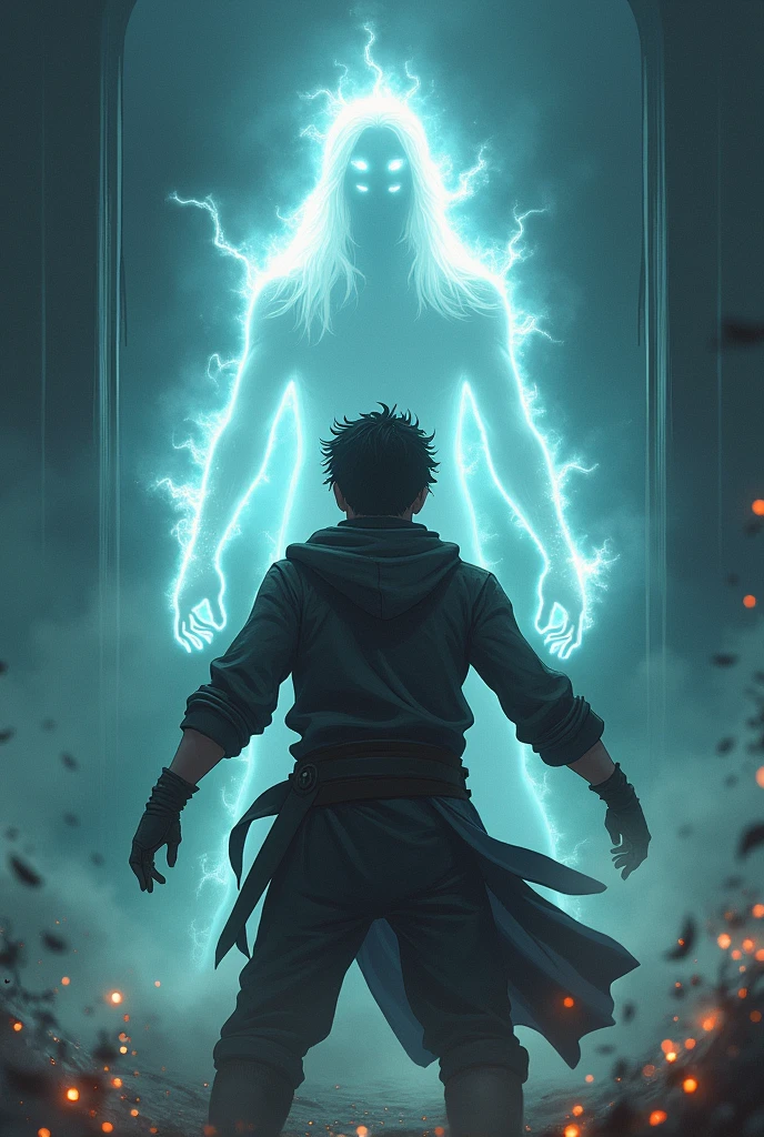 an image of a fighter in the foreground, with an expression of surprise or fear, looking at a mysterious figure in the background. The figure could be represented as a spiritual doctor, enveloped in a mystical light or supernatural glow, suggesting its nature. ao redor, bright lights and incorporeal forms could suggest the presence of other entities. Place the phases "Would you have the courage to see?", in a font style that matches the theme of mystery and tension, with the title "The Supernatural Surgery" in smaller letters.