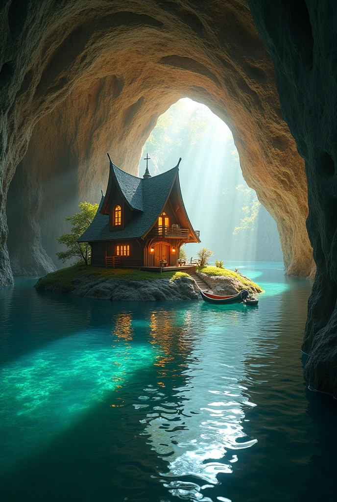 a small tiny house in center of cave on small island, surrounded by serene lake, beautiful detailed house, stone cave walls, underwater scene, clear water, calm lake, sunlight shining through cave entrance, warm golden lighting, highly detailed, photorealistic, 8k, cinematic, dramatic lighting, mystical atmosphere. Small boat. Lot of people come.