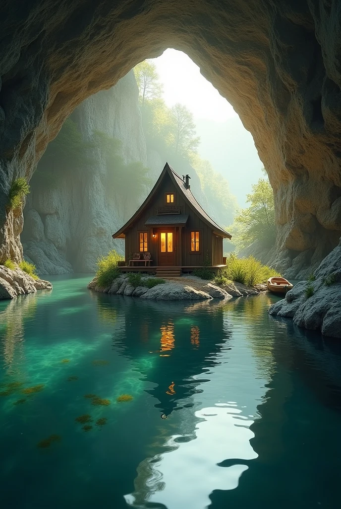 a small tiny house in center of cave on small island, surrounded by serene lake, beautiful detailed house, stone cave walls, underwater scene, clear water, calm lake, sunlight shining through cave entrance, warm golden lighting, highly detailed, photorealistic, 8k, cinematic, dramatic lighting, mystical atmosphere. Small boat. Lot of people come.