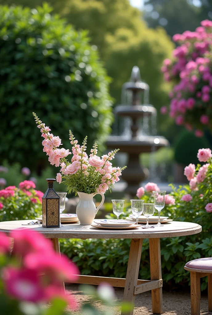 8ก、Exceptionally high image quality、Ultra Realistic Details、table top、(English garden、fountain、Beautiful flowers are blooming.)、Professional photographer takes pictures、raw photography、