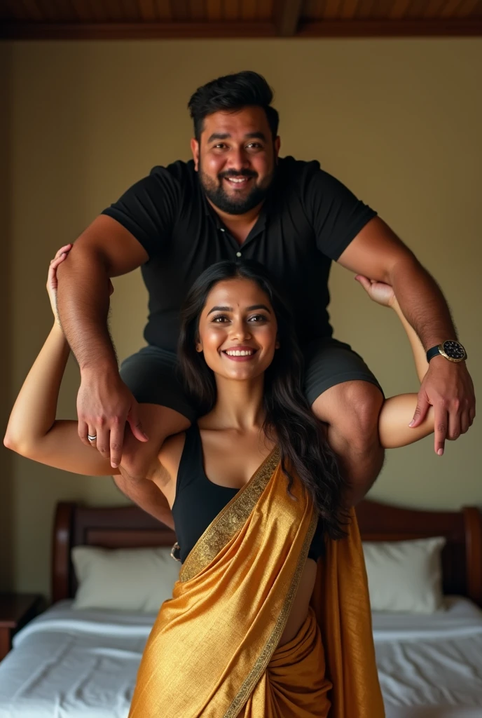 Beautiful and Slim, Sexy Indian woman in black blouse golden saree lifting a large chubby man above her shoulders, man is sitting on woman's shoulders, in a bedroom with high ceiling, natural smile, woman is looking into the camera , full body image
