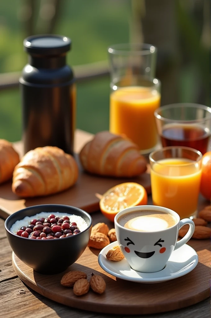 Créez une image d’un petit-déjeuner varié comprenant une variété d’aliments et de boissons. La scène doit présenter une table en bois ornée d’un bol noir rempli de yaourt et de baies fraîches, des  petit pain au chocolat croustillants,  une thermo de café à côté d’une tasse blanche remplie de café , ajoute une expression joyeuse au café  , un verre de jus d’orange, des oranges entières coupées en deux et du sirop d’érable dans un bocal en verre. L’ensemble doit évoquer une sensation de repas matinal abondant et nutritif, écris sur l'image ' Bonne journée' .