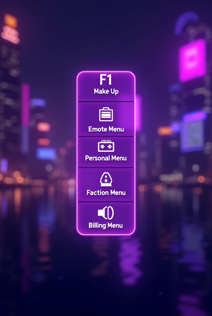 Create an interface with a purple background, which is reminiscent of a menu navigation. The keys should be displayed in the style of F1 to F7 on a keyboard. Each key should be labeled with a function, similar to the image provided. Use the following labels:

- F1: "HANDY"
- F2: "make up"
- F3: "EMOTE MENU"
- F5: "PERSONAL MENU"
- F6: "FACTION MENU"
- F7: "BILLING MENU"

The keys and texts should be in a clear, be kept in a modern style, The labels are white and the borders of the keys are slightly luminous. The background should be a blurred cityscape at night with lights, but remains discreet, so that the menu buttons are clearly in the foreground.