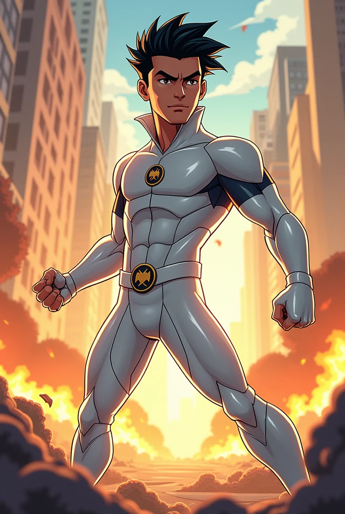 Thin but muscular man with black hair and brown eyes, as well as a white hero suit and a style that I want to be more specifically a cartoon of the young titans in action  