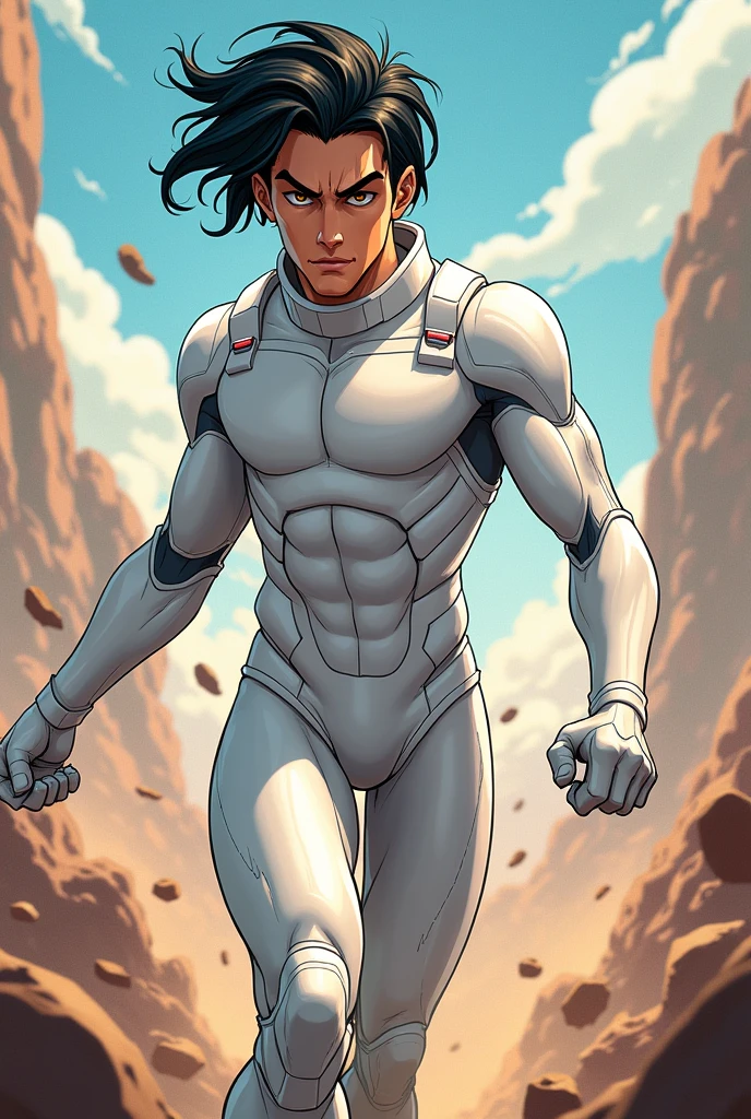 Thin but muscular man with black hair and brown eyes, as well as a white hero suit and a style that I want to be more specifically a cartoon of the young titans in action