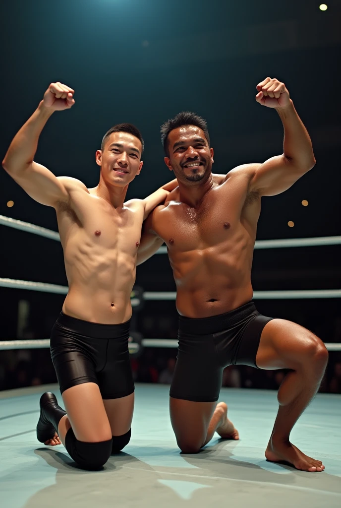 A young Japanese professional wrestler A and a senior Japanese professional wrestler B are in the ring.。They are on the same team。
A is buzzcut and muscular、Wearing short tights。Sweaty。
B is short-haired, muscular, and dark-skinned、Wearing short tights。
A and B put one knee on the ring, raise their arms and strike a macho pose.。
Fujifilm, look up,