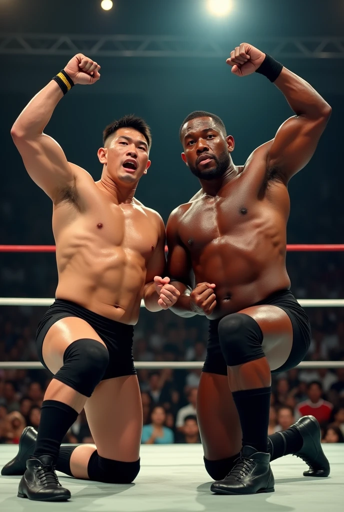 A young Japanese professional wrestler A and a senior Japanese professional wrestler B are in the ring.。They are on the same team。
A is buzzcut and muscular、Wearing short tights。Sweaty。
B is short-haired, muscular, and dark-skinned、Wearing short tights。
A and B put one knee on the ring, raise their arms and strike a macho pose.。
Fujifilm, look up,