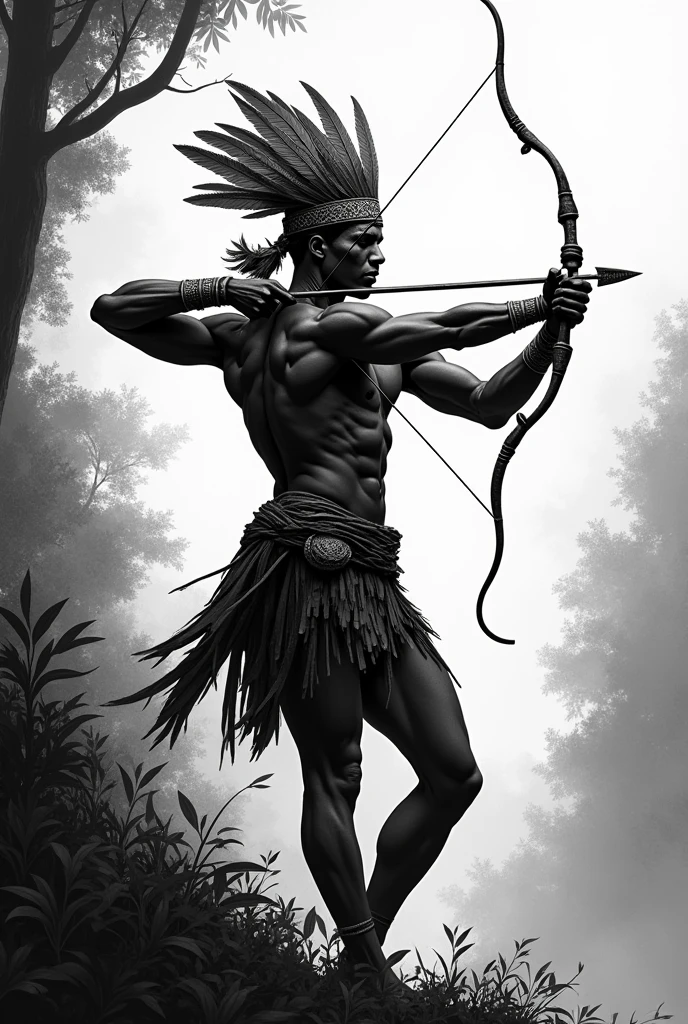 Orixá Oxossi in black and white shooting an arrow with feathers on his head 