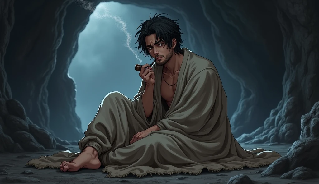 Fantasy style. Inside a cave there is an attractive naked young man sitting, covered only by a threadbare and dirty blanket. His appearance is that of an attractive, but dirty and disheveled young adult, with a stubble beard and a sad and disinterested expression on life. He is smoking a pipe and seems to be addicted to a drug. Anime style. Medieval Fantasy.