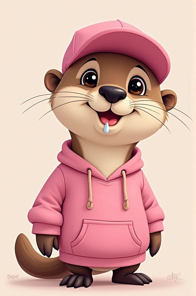Cartoon of an otter, with pink cap, pink sweatshirt, with eyes looking ahead, mouth open and a drop of saliva running down his mouth 