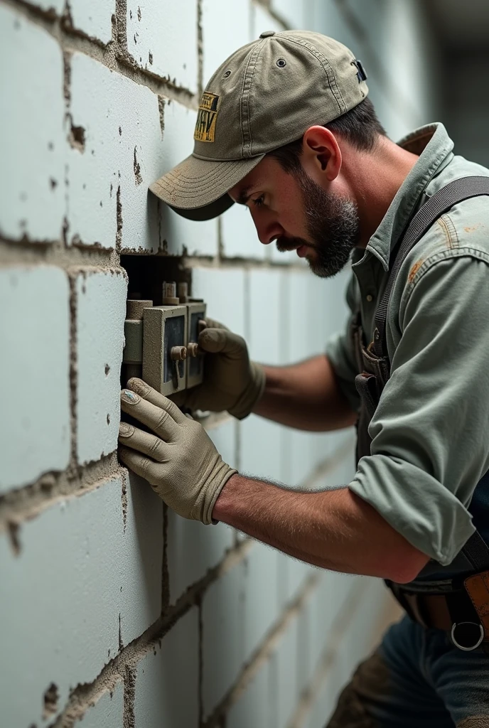A dirty worker making a cut incorrectly with a plaster saw to fit the electrical junction boxes into a wall made of white plaster block measuring 50cmx66cmx10cm in a service environment