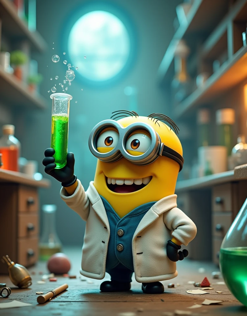 Minion Kevin wearing a scientist outfit holding a green test tube of medicine . Laboratory scene, dirty mess 
 
