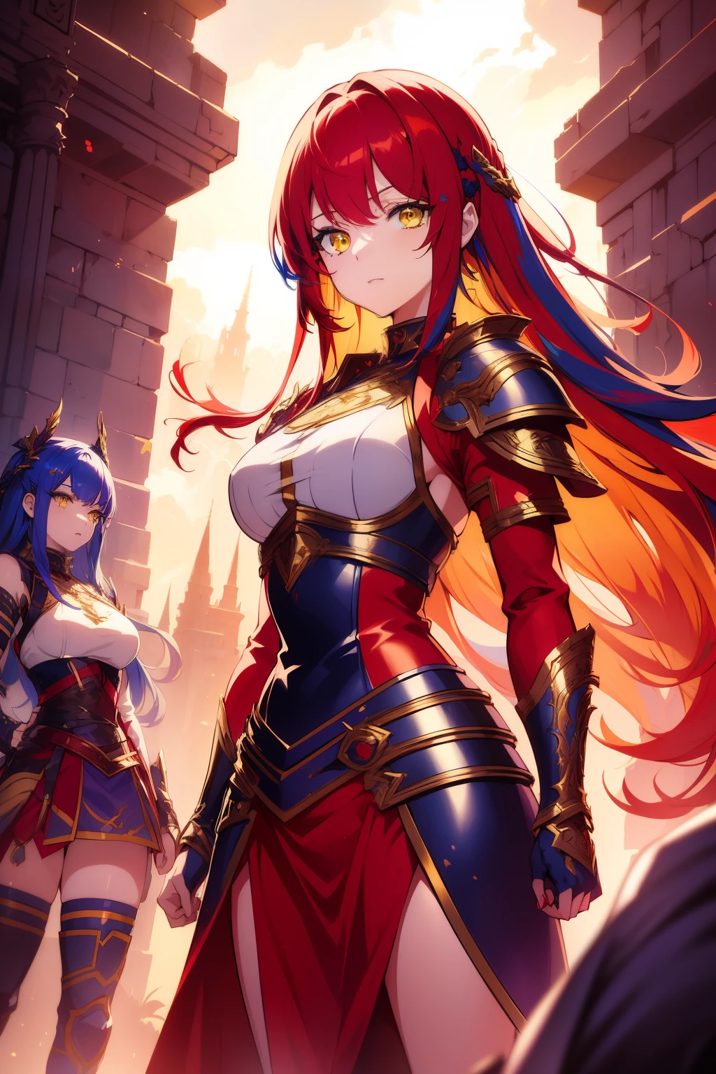 anime style, female character, (((yellow eyes))), (((red clothes))), (((blue hair))), hair loose in the front and tied back, purple choker on the neck, , red armor, purple details on the armor, white shirt underneath the armor, purple pendant in the hair ((clip)), detailed, high quality, emotional effects, anime style.