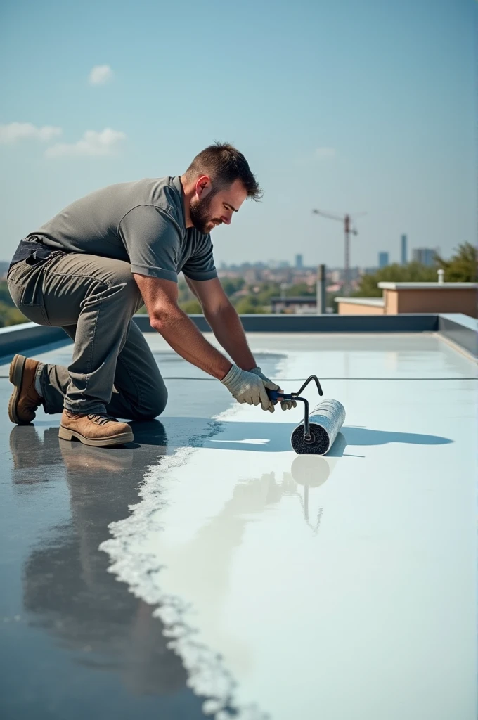 A man waterproofing a roof with liquid waterproofing film 