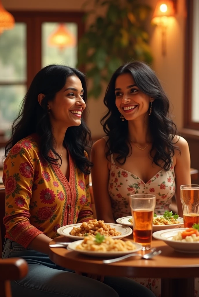 Create an image of a 2 Indian woman dining in a restaurant. She has medium-length black hair styled in soft waves and a warm, friendly smile. She is dressed in a stylish, casual outfit, such as a colorful kurti or a chic blouse paired with jeans. The restaurant has a cozy ambiance with elegant decor, wooden furniture, and soft lighting. The scene should include a table set with dishes and drinks, and the woman should be engaged in a pleasant conversation or enjoying her meal. The atmosphere should feel lively and authentic, reflecting a real dining experience.