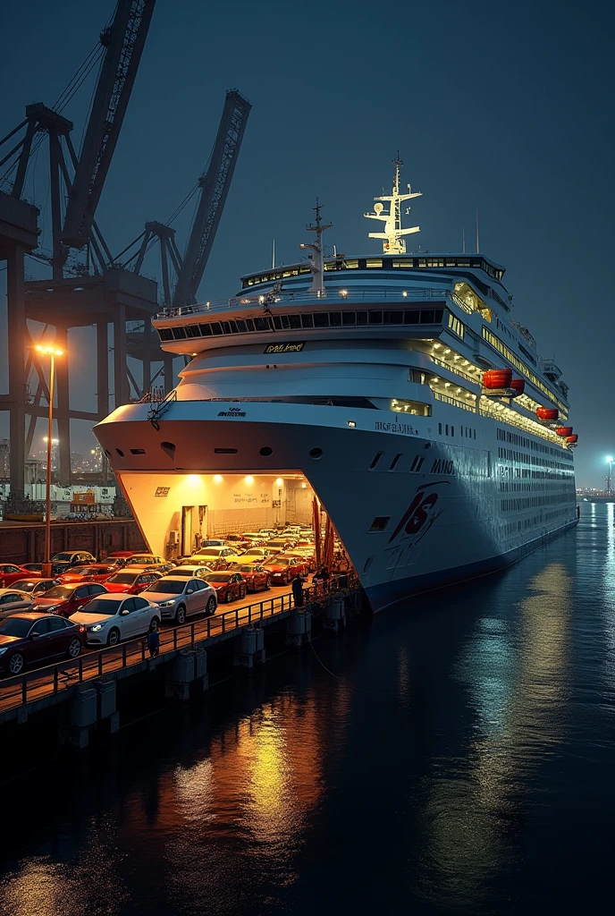 A Cruise car ferry named MS Catbalogan at manila port loading cars at night