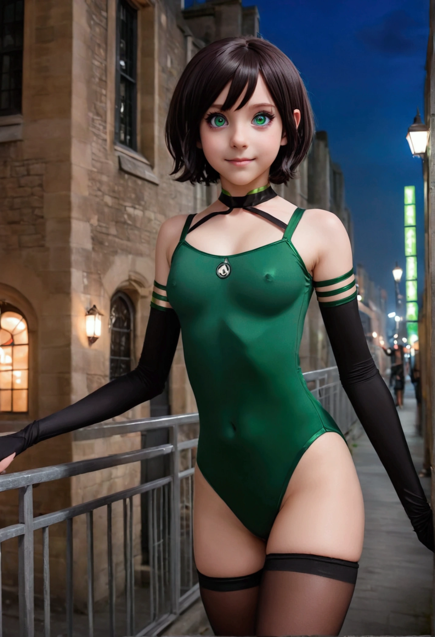 young severus snape's daughter,ar old,black hair, green eyes ,cosplay Ochaco Uraraka ,1girl , anime , masterpiece , smug smile ,short hair, hero uniforme leotard ,uravity , medium breasts , coxas , night city, sexy
