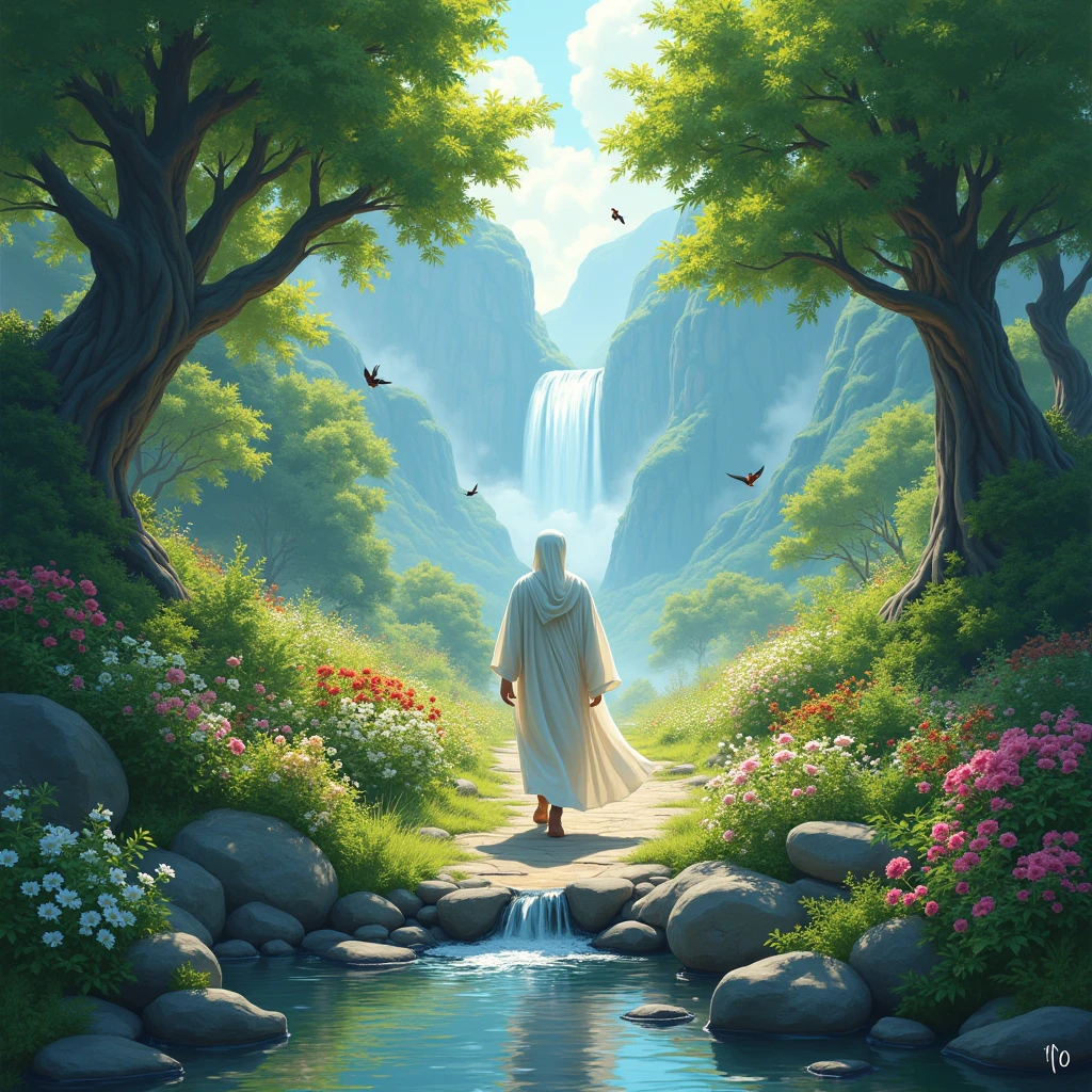The land of immortality
"The white cabuliwallah is walking by and hidden her all body parts, with various colored flowers on the trees on either side of the road. Small, colorful lovebirds are flying in the sky and perching on the branches. Nearby, a clear stream of water flows over small and large stones, and in the distance, a waterfall is cascading down from the mountains."