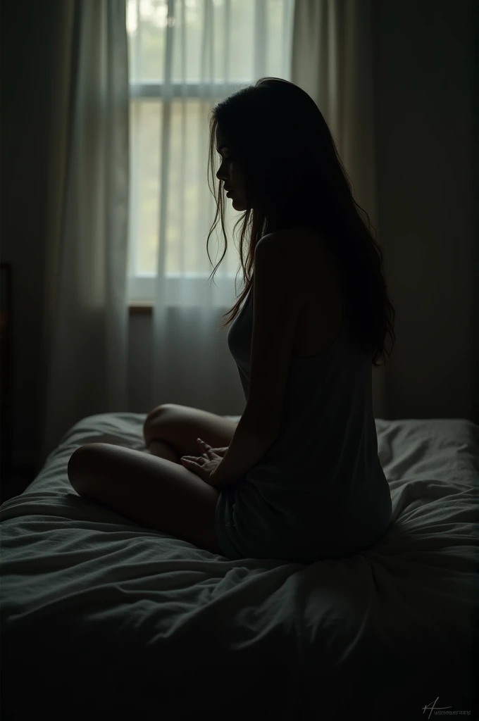A women's silhouette sitting down on a bed