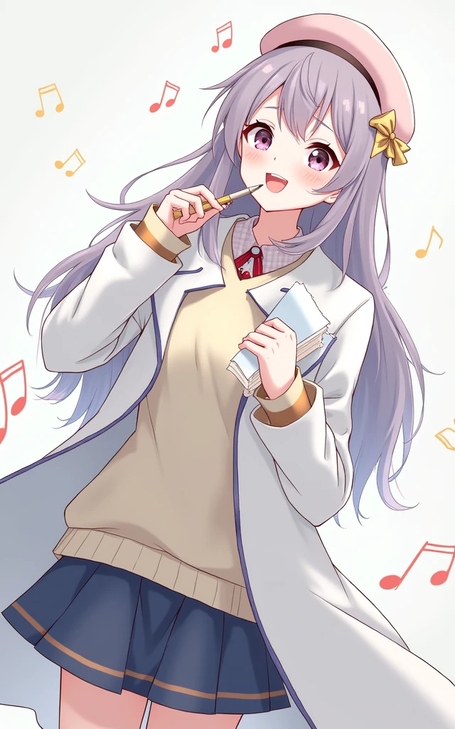 (Daisaku),(Need),(Super meticulous),(full bodyesbian:1.2),1girl,tchibi,adolable,ssmile,open-mouth smile, open-mouth smile,Light blue background,Raise your right hand,Hold a pencil in hand,Hold a book in your left hand,Music,Pink berets,cloak,The shirt, (short detailed:1.3)