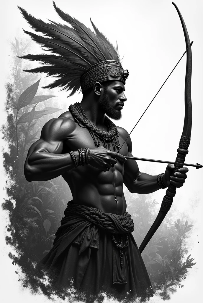 Orixá Oxossi in black and white shooting an arrow with feathers on his head 