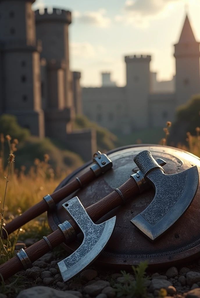 You can create two axes, a sword and a metal shield on the ground and a castle in the background?