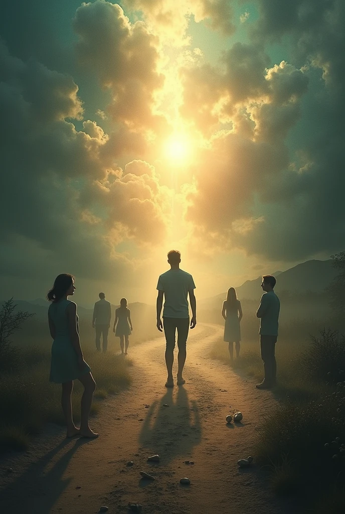 Here is a prompt for generating an 8K hyper-realistic cinematic image:

"A scene that visually represents the concept of looking in five directions: A person standing at the center of the image, gazing forward with determination. Behind them, a path symbolizing their past is visible. Their gaze shifts downward, careful not to step on a delicate object, symbolizing empathy. On either side, friends or loved ones stand by, offering support. Above, a radiant light or figure represents a protective presence watching over them. The entire scene is vividly detailed, with rich textures and dramatic lighting, captured in hyper-realistic 8K resolution."