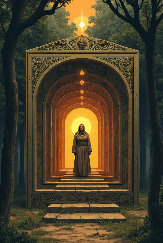 represent a series of boxes, each one inside the other, with ancient and enigmatic symbols engraved on their surfaces. In the center of the composition, Could you draw the image of great-grandmother Juana?, surrounded by natural elements such as trees, Water, fire, and metal, symbolizing the five elements mentioned in the text. The last box could be open, releasing a bright light that symbolizes the "longevity", connecting with the figure of the great-grandmother. The background could show the rural landscape mentioned above., with natural elements and the great-grandmother&#39;s old house, suggesting harmony between nature and ancestral wisdom.