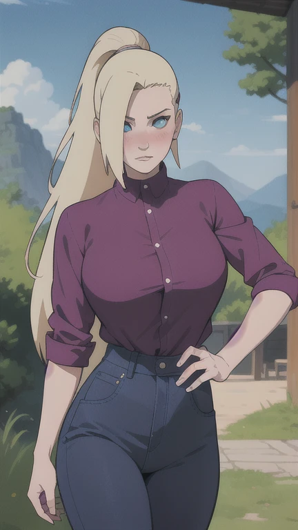 {-error_of_anatomy:1.0} anime style, masterpiece, absurdities, Yamanaka-Ino\(Naruto\), 1girl solo, women, perfect composition, oftallado lips, beautiful face, Body proportion, blush, long blonde hair, blue eyes, address blouse, purple pants, soft gauze, Super realistic, oftallado, Sesión of fotos, Realistic faces and bodies., masterpiece, Best Quality, best illustration, hiper oftallado, 1 women, Alone, attractive, blush, Parte superior ofl cuerpo, struggle, about nature, look at the view, poses dimanicas, 