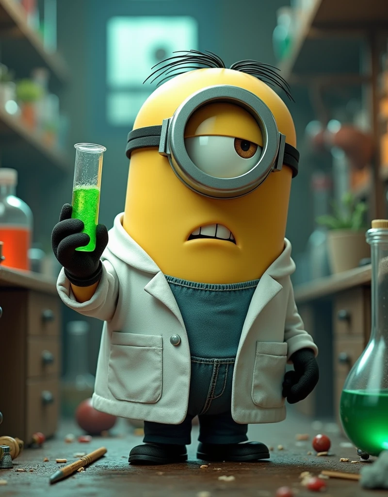 Minion Kevin wearing a scientist outfit holding a green test tube of medicine . Laboratory scene, dirty mess with a serious look