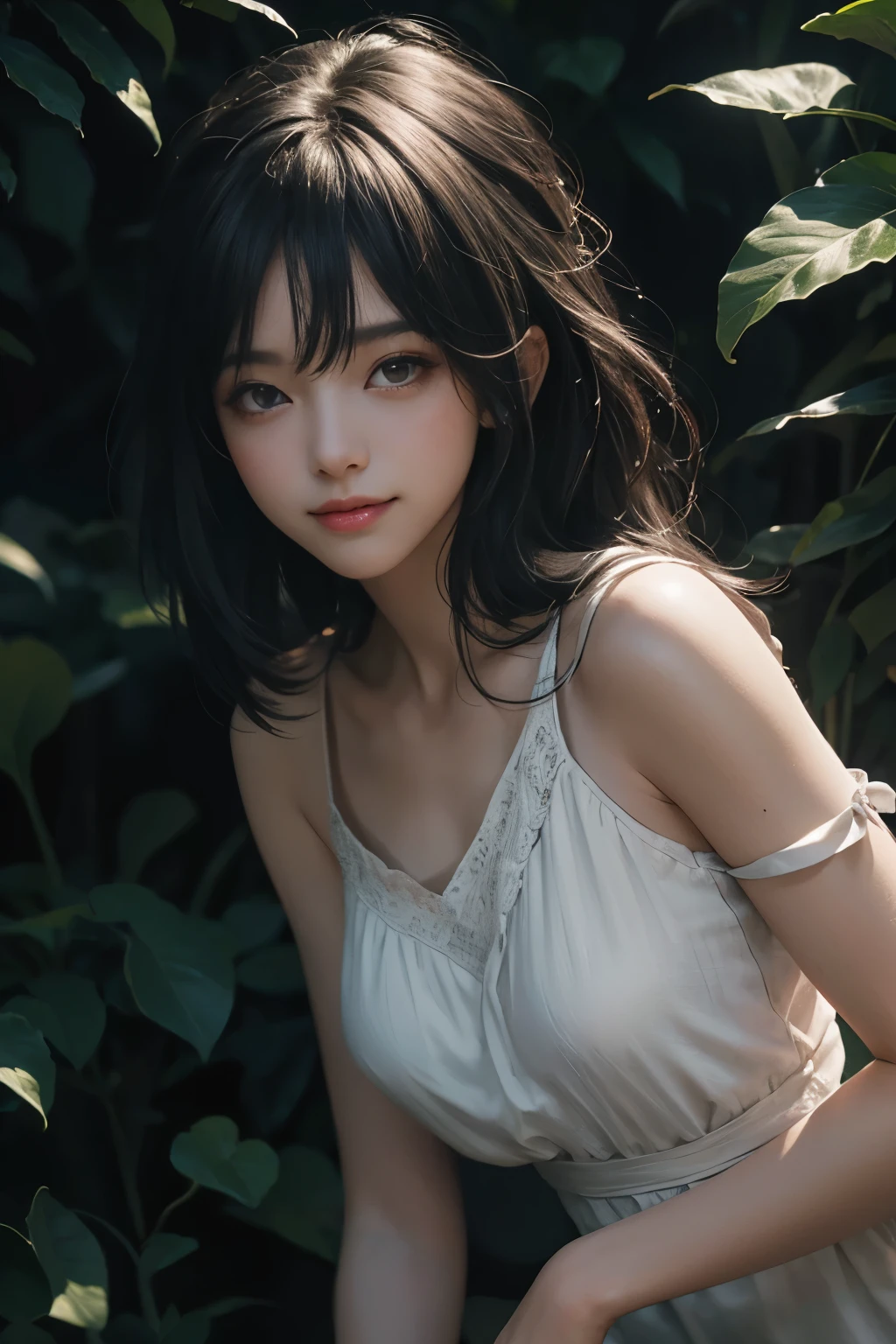 (ultra realistic) , (illustration), (increase resolution), (8K), (extremely detailed), (best illustration), (beautiful detailed eyes), (best quality), (ultra-detailed), (masterpiece), (wallpaper), (detailed face), 1 girl, black straight hair, slender body, delicate details, in the dark, deep shadow, low key, pureerosfaceace_v1, happy smile, summer dress, waterfall, rainforest