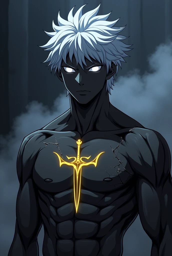 Young man,teenager, ebony skin, bright white eyes, cracked body, magic cracks, Smoke atmosphere, night, golden tattoo of sword: Excalibur on his chest, bare-chested. Powerful, muscular aura, anime style, Silver hair. (((Emiya Shirou face.))) solo, jacked muscle, beautiful musculature, aesthetic striations, inspirational physique, lean muscle, square pecs, beautiful v-taper, great abs and torso.