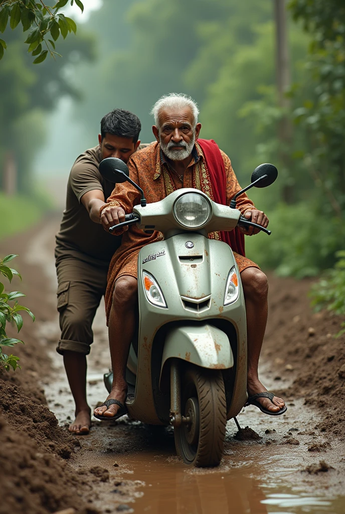 Ek uncle hai jinko scooter kichad mein fas gaya hai agar ek ladka aata hai jismein apni shaadi ki sherwani pahani hai vah uncle ko piche se scooter ko dhakka dene mein help Karta hai kichad se nikaalne ke liye