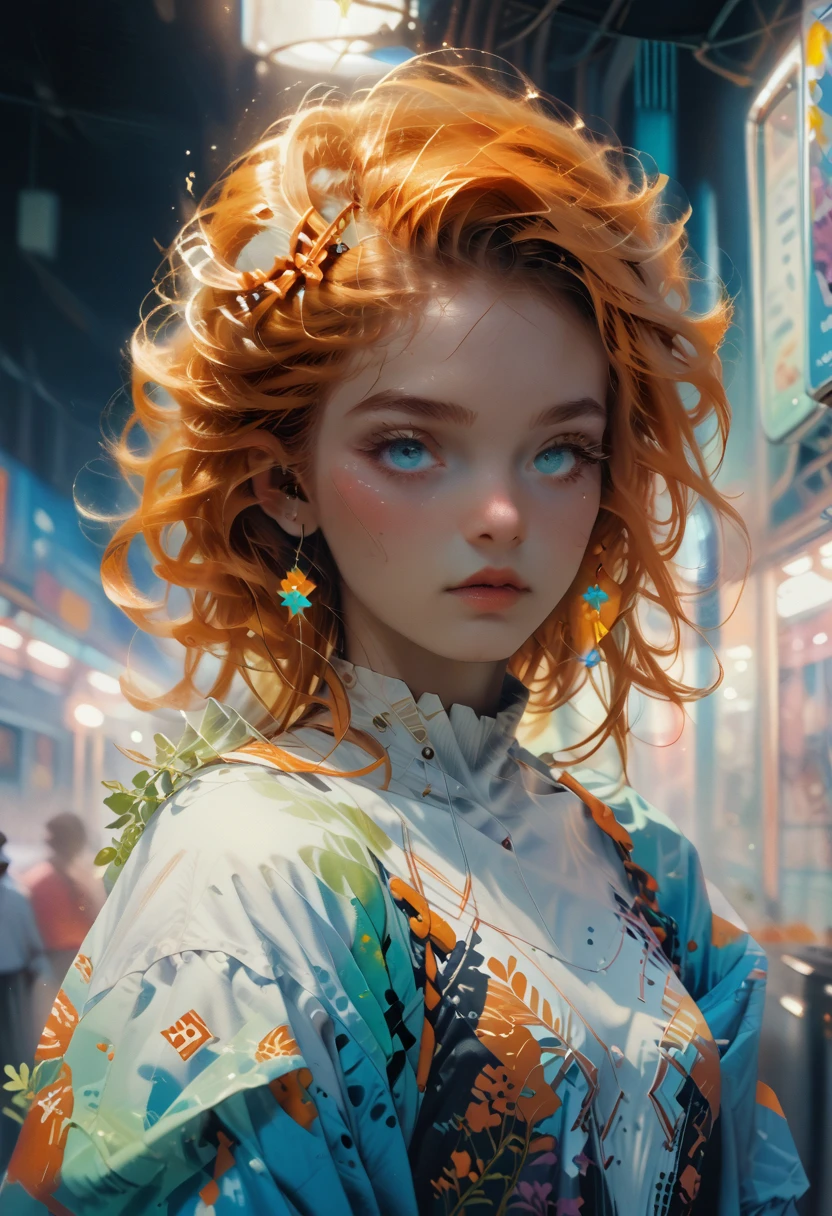 A girl with orange hair, with blue cyberpunk outfit, in a colorful meadow, at night
