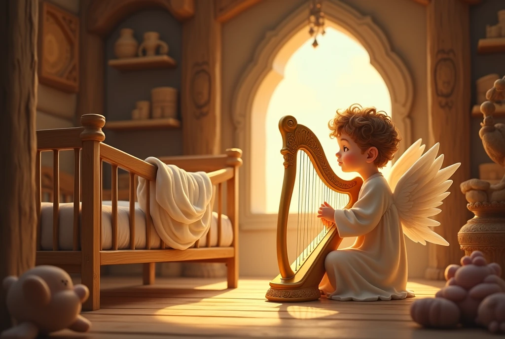 w drewnianym pookju stoi kołyska a obok siedzi aniol chłopak i gra na arfie 