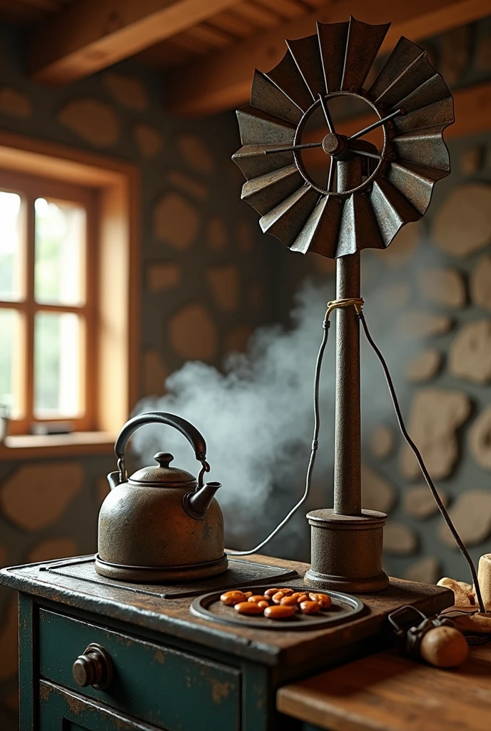 Show me an image of a windmill producing electrical energy and at the same time by cables, This electrical energy makes a cooking stove work and above this stove there is a kettle that produces thermal energy, all inside a house