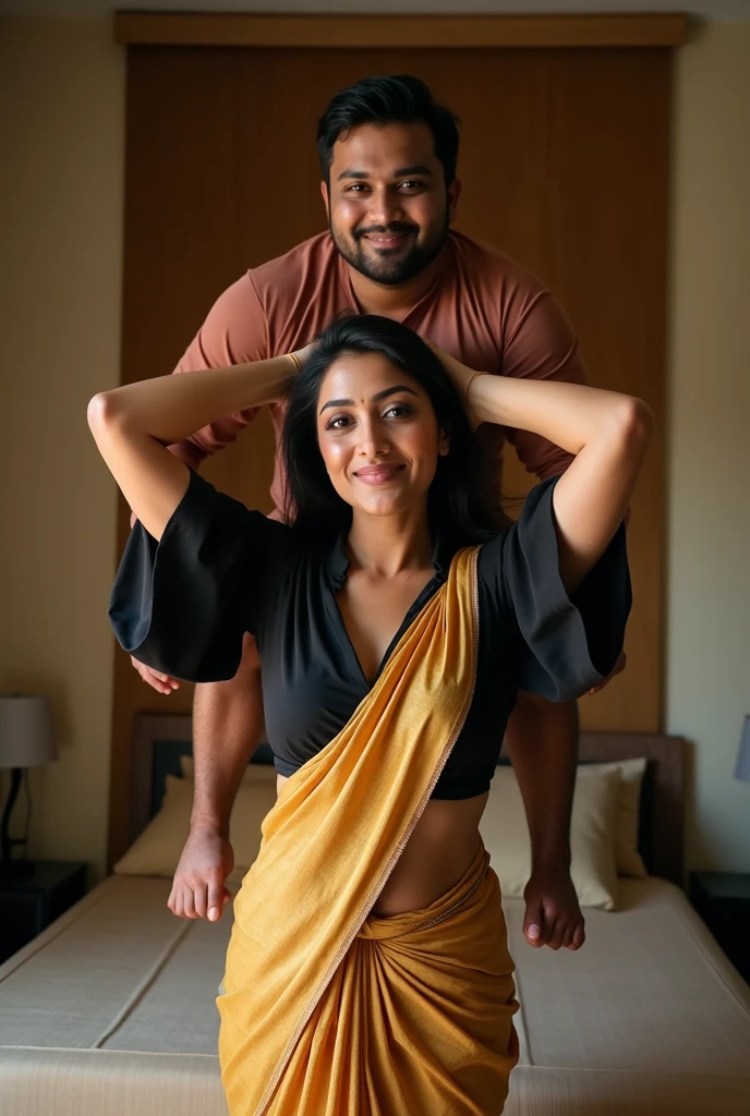 Beautiful and Slim, Sexy Indian woman in black blouse golden saree lifting a large chubby man above her shoulders, man is sitting on woman's shoulders, in a bedroom with high ceiling, natural smile, woman is looking into the camera , full body image 