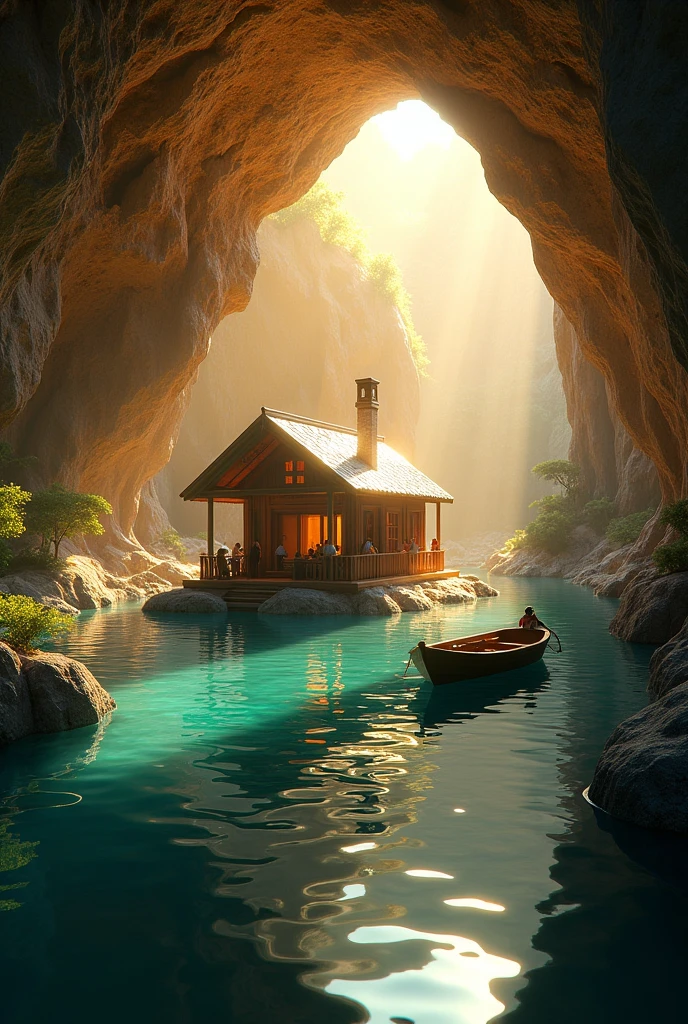 a small tiny house in center of cave on small island, surrounded by serene lake, beautiful detailed house, stone cave walls, underwater scene, clear water, calm lake, sunlight shining through cave entrance, warm golden lighting, highly detailed, photorealistic, 8k, cinematic, dramatic lighting, mystical atmosphere. Small boat. Lot of people come. Lot small people at the place. 