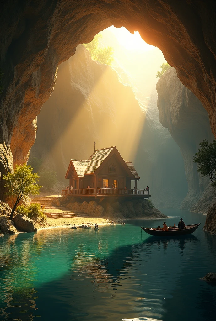 a small tiny house in center of cave on small island, surrounded by serene lake, beautiful detailed house, stone cave walls, underwater scene, clear water, calm lake, sunlight shining through cave entrance, warm golden lighting, highly detailed, photorealistic, 8k, cinematic, dramatic lighting, mystical atmosphere. Small boat. Lot of people come. Lot small people at the place.