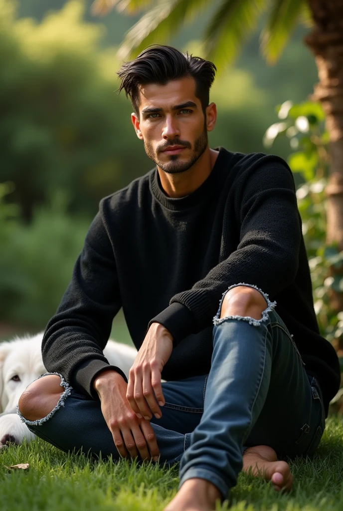 (photorealism:1.2), (8k) (detailed) (full body) Give me a man, Facial features: Square face with a marked jaw, prominent cheekbones and thick, dark eyebrows. Adds youthfulness to his appearance. Hair: Dark hair, usually combed back or with a slightly disheveled style, which can vary between short and medium. Eyes: Dark green eyes, with a penetrating look that expresses confidence, with cross-shaped hoops on each side. Build: thin and well-defined. Height 1.80, which gives him an imposing presence. Style: His style of clothing: black sweater, ripped jean pants. Skin tone: Tanned skin tone, typical of the Mediterranean. Expression: He usually has a serious or concentrated expression, although he can show a charming and confident smile. (sitting in the garden with a Siberian dog) (high resolution), (4k).