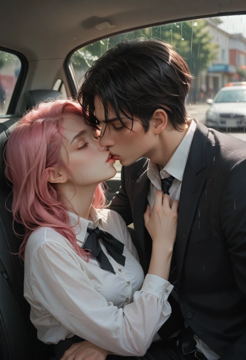 Masterpiece, best quality, super detailed, illustration, beautiful detailed eyes, close up, with a boy and a girl. It was pink hair, white pleated shirt, cracked button on the chest, skirt. The boy is black hair, black suit, black pants. Boys and girls kissing in car, heavy rain weather