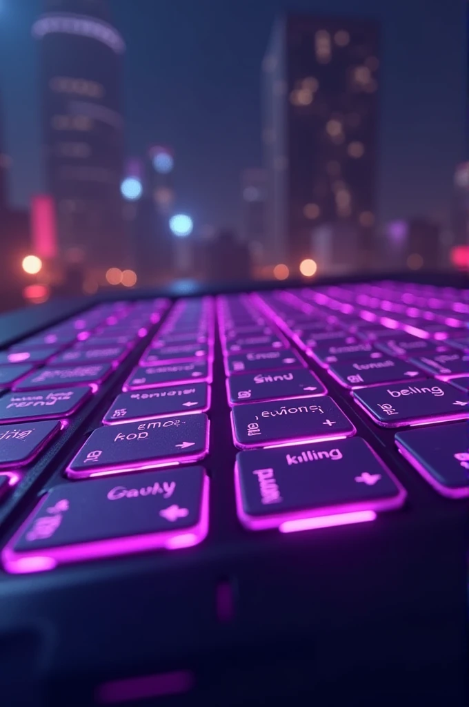 Create an interface with a purple background, which is reminiscent of a menu navigation. The keys should be displayed in the style of F1 to F7 on a keyboard. Each key should be labeled with a function, similar to the image provided. Use the following labels:
- F1: "HANDY"
- F2: "make up"
- F3: "EMOTE MENU"
- F5: "PERSONAL MENU"
- F6: "FACTION MENU"
- F7: "BILLING MENU"
The keys and texts should be in a clear, be kept in a modern style, The labels are white and the borders of the keys are slightly luminous. The background should be a blurred cityscape at night with lights, but remains discreet, so that the menu buttons are clearly in the foreground.