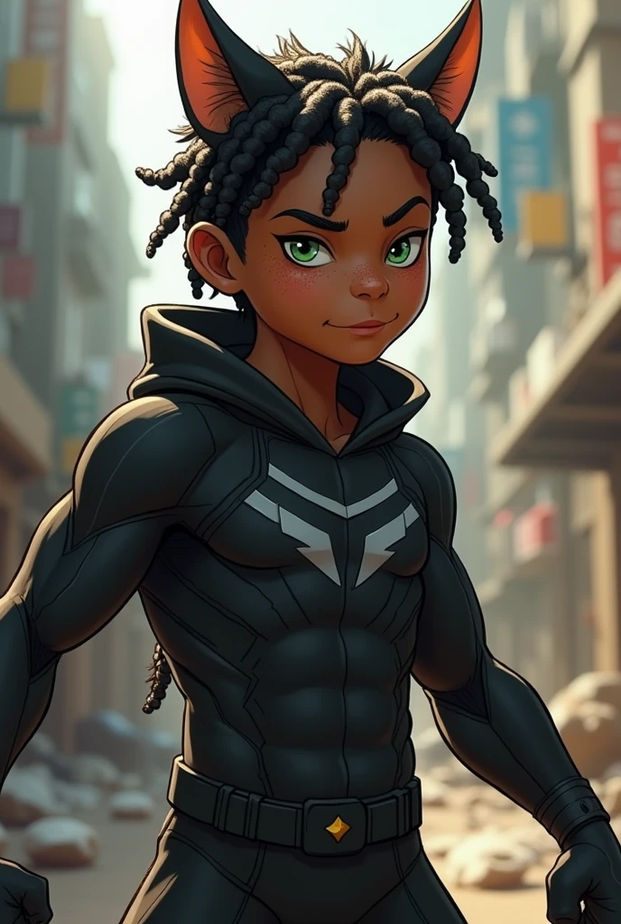 My Hero Academia, Dark Skin, Male, Freckles, , Young, Dreads, Green Eyes, Black Outfit, Hero, animal ears