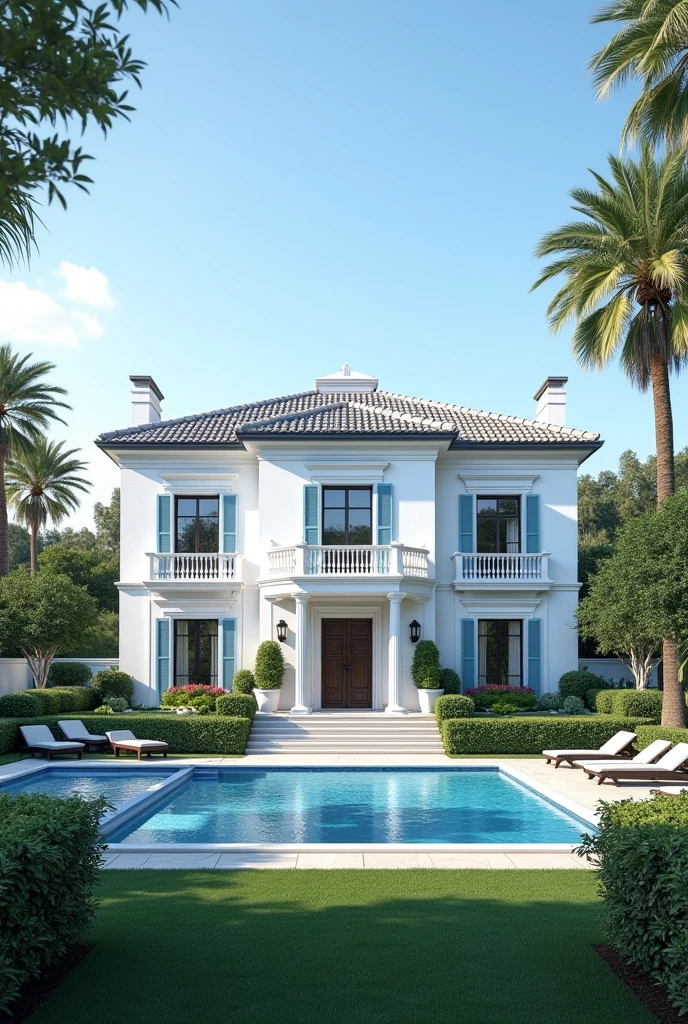 Create a house with a ground floor and two floors with a luxury view and a blue and white color on the facade of the house with a family pool and pool and with a very expensive car.