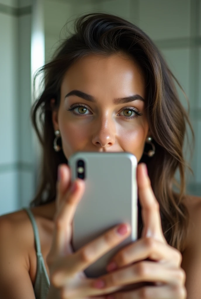 woman taking selfie in bathroom close to face frame not phone showing