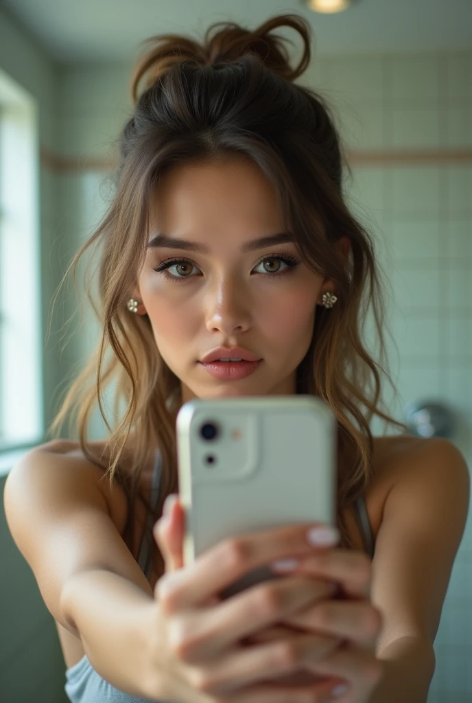 woman taking selfie in bathroom close to face frame not phone showing