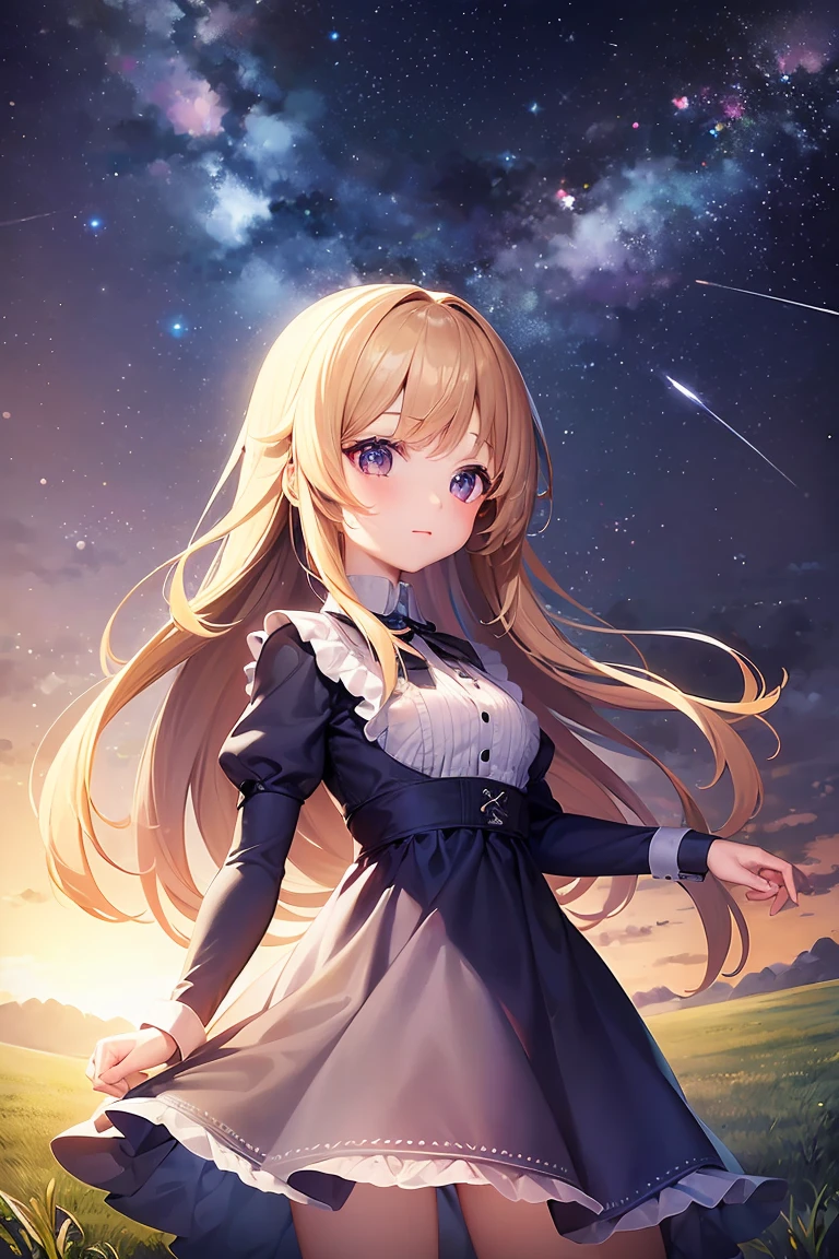 A girl on a meadow,Stars twinkling in the sky,Shining Star,milky way,I look up and see,masterpiece,Highest quality,最高masterpiece,Detailed anime art,Digital Art,