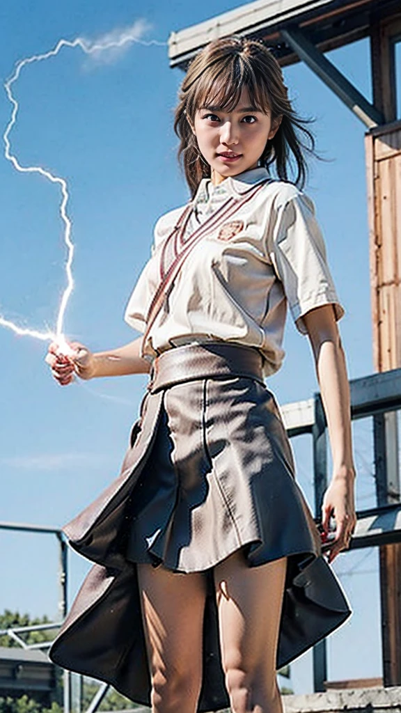 masterpiece, Highest quality, High resolution,8k， 1 hair clip, Tokiwadai School Uniform、Tokiwadai school emblem on the left chest、Short sleeve、 Realistic,Several wind turbines can be seen nearby..、blue sky、smile、Lightning shoots out from the body、emit electricity from the body、Light grey mini skirt、lightning strikes、pointing