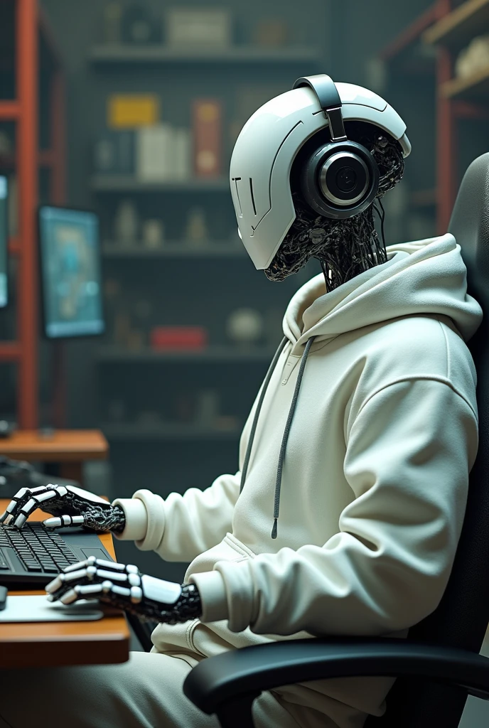 Anthropomorphic robot in a white sweatshirt sits on a complicator chair for computers in one hand mouse. The head hood is dressed on the head on the top of the hood, the headphones are dressed, photo on the profile on the right side. In the photo there is one robot at the computer table. (Super quality), (cyberpunk), (photo realism),in ultra -realistic 8K detail -