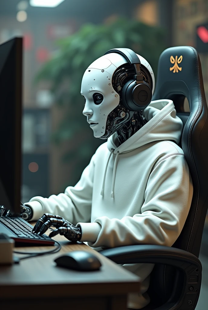 Anthropomorphic robot in a white sweatshirt sits on a complicator chair for computers in one hand mouse. The head hood is dressed on the head on the top of the hood, the headphones are dressed, photo on the profile on the right side. In the photo there is one robot at the computer table. (Super quality), (cyberpunk), (photo realism),in ultra -realistic 8K detail -